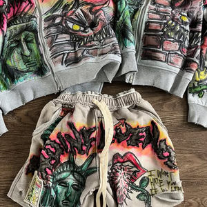 Sudadera con capucha personalizada con parche bordado desgastado, sudadera con capucha vintage con cremallera y lavado ácido, conjunto de pantalones cortos de algodón para verano y conjunto de pantalones cortos deportivos. - Product Image 6