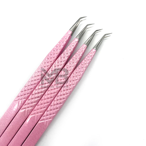 Pinzas de extensión de pestañas, puntas plateadas de agarre de diamante de aislamiento largo de 45 grados, acero inoxidable japonés, recubierto de Color rosa claro - Product Image 4