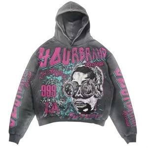 Sweat à capuche en molleton français de haute qualité, court, imprimé vintage, lavé, avec strass et fermeture éclair pour homme - Product Image 2