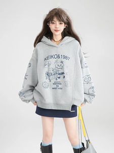 Moda Sweet Cool Girl Graffiti Print Grey Fleeced Sudaderas Irregular Loose Casual Manga larga Sudaderas con capucha Chaquetas Mujer Otoño - Product Image 1
