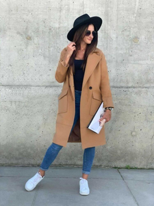 Manteau long en laine élégant de style coréen vintage pour femmes, manteau mi-long de qualité supérieure, col rabattu, manteaux en laine pour l'automne et l'hiver - Product Image 5