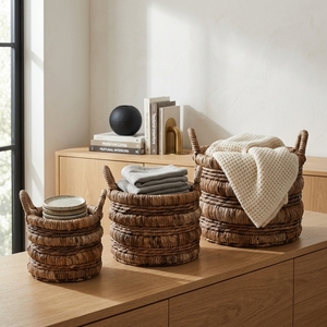 Ensemble de paniers de rangement en écorce de bananier naturelle, empilables, avec poignée en anneau arqué, pots cylindriques, pour décoration artistique de pièce et artisanat - Product Image 6