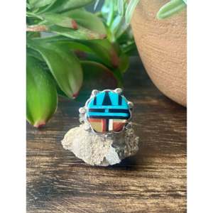Zuni Handcrafted <b>Turquoise</b> & Sterling Silver Inlay <b>Ring</b> Size 6.5 - Product Image 1