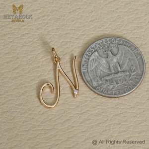 Pendentif en or jaune massif 14 carats avec initiales N Bijoux en diamant pavés faits à la main de qualité supérieure Pendentif avec nom et lettre N Bijoux en diamant doré - Product Image 5