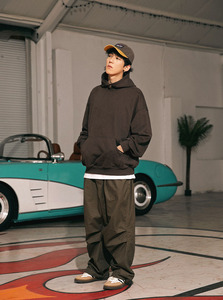 100% coton gris lourd polaire sans ficelle bouton pression sweats à capuche surdimensionnés avec poche hommes - Product Image 2