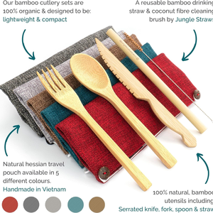 Ensemble de couverts en bambou portable | Couverts en bois réutilisables zéro déchet | Couteau, fourchette, cuillère, paille, brosse et pochette de rangement - Product Image 4