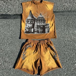 Conjunto de Camiseta y Pantalones Cortos de Verano con Estampado Personalizado, Estilo Vintage, para Hombre, Lavado Ácido, Chándal de Dos Piezas - Product Image 1