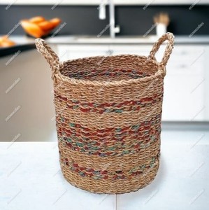 New Fashion Handmade Woven Seagrass Storage <b>Basket</b> Indoor With Handles Woven Dirty Clothe Toy Sundries Collection <b>Basket</b> - Product Image 4