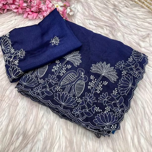 Multi bordado con elegante diseño de pájaro trabajo Chinon tela azul Saree exclusiva blusa elegante fiesta Festival más vendido desgaste - Product Image 1