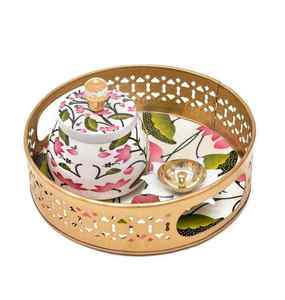 Plateau rond en métal décoratif pour servir avec un design artistique imprimé pour la maison, l'hôtel, le restaurant, les cadeaux de mariage, l'affichage, les marchésX - Product Image 1