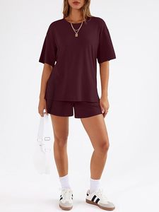Ensemble 2 pièces tricoté pour femme, col rond, manches courtes, couleur bordeaux, coupe ample, décontracté, printemps-été, couleur unie, pour le quotidien - Product Image 1