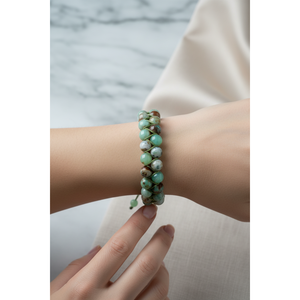 Bracelet en pierre naturelle Chrysoprase 8 mm à double rangée en macramé - Product Image 3