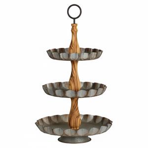 Support de service à trois niveaux de qualité supérieure en métal galvanisé et bois de manguier Plateau de présentation Gâteau Dessert Fruits Pour la maison et l'hôtel - Product Image 1