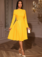 Robe longue à manches longues AM050940, style trapèze, froncée, pour réunion d'affaires, jaune, robe basique bon marché en gros