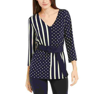 Top da donna Alfani blu con maniche a 3/4 e scollo a V, fantasia, da indossare al lavoro, taglia media, realizzato in poliestere - Product Image 1