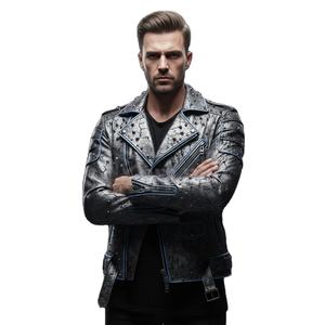 เสื้อแจ็คเก็ตนักขี่มอเตอร์ไซค์หนังสีเทาเมทัลลิกทรงดุดัน ดีไซน์สวยโดดเด่น คอตั้ง แต่งลายพังก์ล้ำยุค ทนทาน พร้อมดีเทลตกแต่งแบบดิสเทรสซิ่ง - Product Image 5