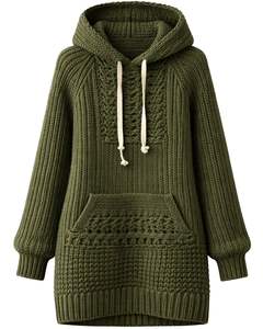 Suéter con Capucha de Punto Verde Oliva Personalizado para Mujer, Jersey Largo de Punto Trenzado, Cálido para Invierno, con Bolsillo, Estilo Casual Holgado - Product Image 1
