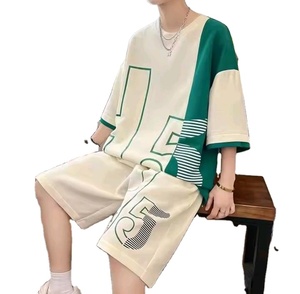 Men's Summer Short Sleeve T-Shirt 2-Piece Men's Summer <b>Waffle</b> Shorts 2-Piece Plus Size Men's 2-Piece Set - Product Image 1
