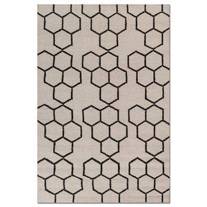 Alfombra Rectangular Geométrica de Lana y Viscosa Tejida a Mano, Color Marfil, para Pasillo o Sala de Estar Juvenil - Modelo ADWV-13009 - Product Image 1