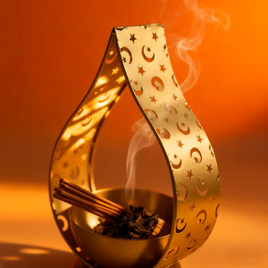 Antique Brass Incense Burner with Floral Dome Lid Pedestal Base and Wooden Handle for <b>Bakhoor</b> & <b>Oud</b> - Product Image 2