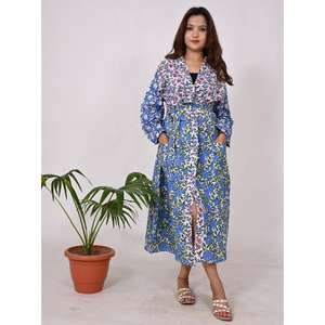 Bata Kimono de Manga Larga con Cuello en V, 100% Algodón, Estampado Floral Boho Hecho a Mano, Ropa de Dormir Ecológica, Bata de Baño Natural para Mujer - Product Image 1