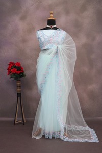 Superventas clásico tradicional mariposa Mono Net Saree con hilo de lujo y trabajo de secuencia boda Festival Saree - Product Image 6