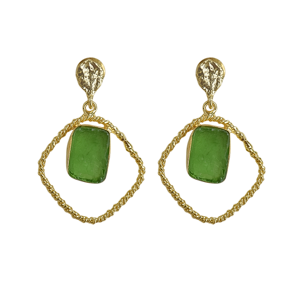 Boucles d'oreilles pendantes en laiton naturel, géométrie, pierre organique de qualité supérieure, finition plaquée or 18 carats, design bohème chic, haute qualité, unisexe, pour les fêtes - Product Image 1