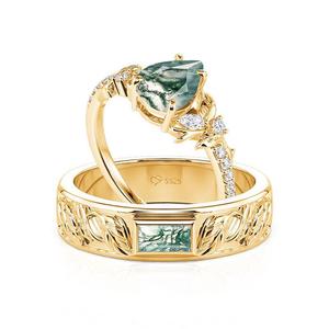 Jeulia Nature Inspired Leaf Carved Moss Agate Couple <b>Rings</b> <b>Set</b> - Product Image 1
