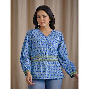 เสื้อครอปสีฟ้าอ่อนผ้าฝ้ายพิมพ์ลายบล็อกด้วยมือ ปักลายดอกไม้ คอเสื้อไม่สมมาตร แต่งลูกไม้ ไซส์ XL สำหรับชุดทำงานผู้หญิง - Product Image 1