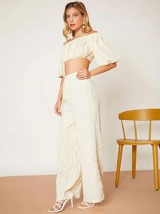 ชุดเสื้อกางเกงแต่งระบายเปิดไหล่แนววินเทจสีพื้นชุดครอปแต่งระบายทรงครอปแต่งตะเข็บแนววินเทจ - Product Image 2