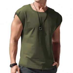 Camiseta sin mangas deportiva de ocio de verano para hombre, Chaleco Corto holgado de punto con patrón sólido de estilo callejero con logotipo frontal - Product Image 3