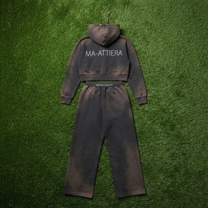 Custom <b>Women</b> Acid Wash Dark Brown Cropped Hoodie Wide Leg <b>Jogger</b> Set Cotton <b>Fleece</b> Streetwear Tracksuit OEM Wholesale - Product Image 5
