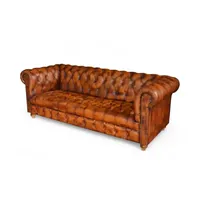 Canapé d'angle 3 places Chesterfield de luxe en cuir véritable marron, rembourré en mousse, capitonné, avec accoudoirs roulés et garniture cloutée pour salon