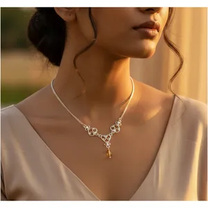 Collier en argent 925 géométrique pour femmes avec citrine, perle d'eau douce en or 14 carats, chaîne en platine plaquée rhodium, bijoux en pierres précieuses - Product Image 2