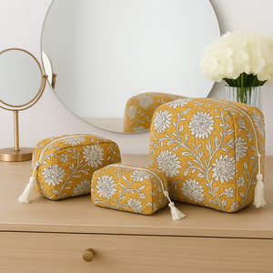 Juego de 3 piezas ecológico Premium, bolsas cosméticas florales de algodón puro impresas a mano, máquina de cierre con cremallera India hecha a mano - Product Image 1