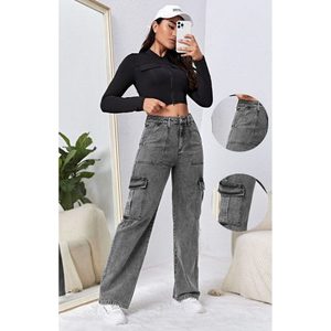 Jean cargo en denim gris vintage simple, coupe ample, délavé, respirant, 6 poches, taille haute, écologique, pour l'été, tailles 26-40, style rétro - Product Image 6