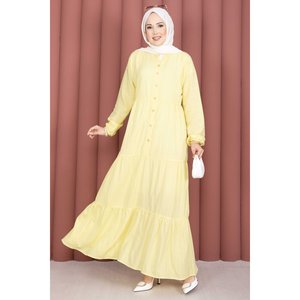 Vestido Hijab Amarillo con Botones Delanteros, Volantes y Cuentas, Estilo Modesto con Cintura Imperio, Sin Mangas, de Algodón, Color Liso, Islámico - Product Image 1