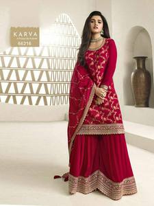 "Prêt-à-porter en fleurs Chinon Gharara avec broderie, palazzo entièrement cousu, intérieur en crêpe, et élégant Dupatta" - Product Image 3