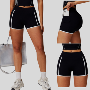 Poche nue sensation contraste couleur Yoga Shorts taille haute hanche ascenseur taille façonnage pantalons de sport Fitness Shorts extérieurs pour les femmes - Product Image 1