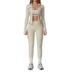 Women's 3PCS Yoga Set Solid Pattern Sportswear High Waist Gym Clothing Zipper Long Sleeve Fitness <b>Legging</b> Workout Suit 2 Pieces - Product Image 1