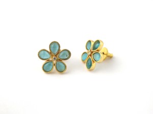 <b>Blue</b> Quartz Brass Handmade 18k Gold Plated <b>Earrings</b> - Gift For Women Flower <b>Stud</b> <b>Earrings</b> - Product Image 3