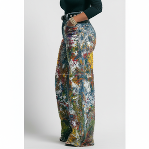 Pantalones Vaqueros Anchos de Estilo Urbano con Diseño de Salpicaduras de Pintura, Unisex, Hip Hop, Holgados, Transpirables y Vibrantes - Product Image 3
