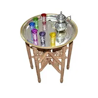 Table à thé marocaine ronde, table de service à thé, accent en métal et bois, avec verres à thé, table pour salon