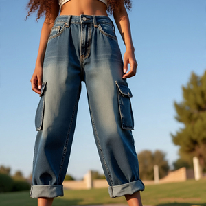 กางเกงยีนส์ขาตรงวินเทจของผู้หญิง2025กางเกงมีกระเป๋าหลายกระเป๋ากางเกงเอวสูงกางเกงยีนส์หลวมซักสบายๆกางเกงยีนส์กางเกงคาร์โก้ - Product Image 1