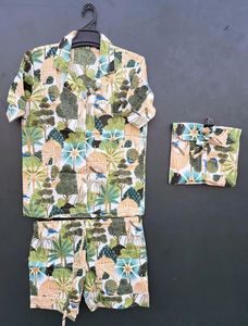Jungle imprimé coton bio Robe ensemble femmes décontracté été court vêtements de nuit confortable tissé tissu doux cordon fermeture - Product Image 6