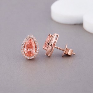 IGI Certified Pear Cut Pink Lab Grown Diamond Halo Stud <b>Earrings</b> 14K White / Yellow / Rose Gold Teardrop Diamond <b>Earrings</b> - Product Image 4