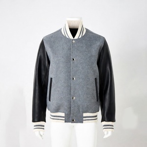 Custom 3D Puff Embroidery Varsity Jacket Men Women Green Melton Wool Real Leather Sleeves Striped Collar Cuffs Hem Snap <b>Button</b> - Product Image 1