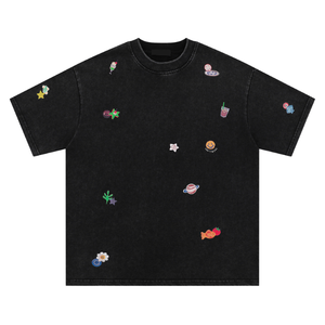 Retro Streetwear camiseta suelta Fit manga corta bordado lindo patrón Casual moda camiseta para hombres mujeres uso diario al por mayor - Product Image 4