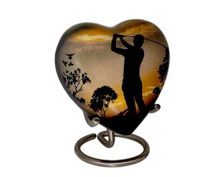 Classic Heart Shape Keepsake Urn <b>for</b> Human <b>Ashes</b> with <b>Box</b> and Stand Lovely Golfer Design 7 Cms High - Product Image 4