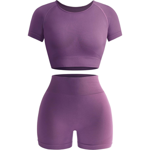 Conjunto de entrenamiento de 2 piezas acanalado sin costuras para mujer, Top corto de manga corta, pantalones cortos de Yoga de cintura alta, Material de algodón para el gimnasio diario - Product Image 1